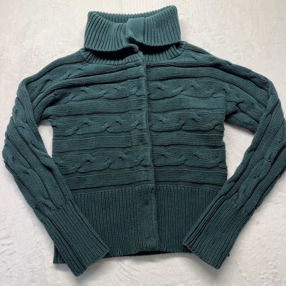 Talbots Cardigan Cable Knit M Forest Green Womens Snap Front Turtleneck Sweater
